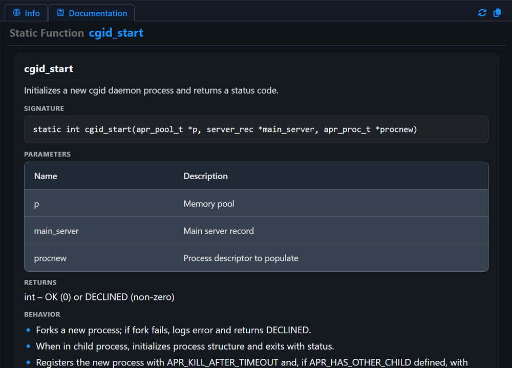 Onboard's AI-generated documentation panel explaining a function: its purpose, signature, parameters, return value, and behavior