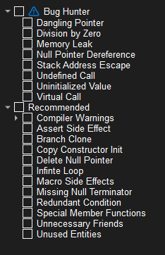 The Bug Hunter check list in Understand, with each defect class shown as a selectable check.