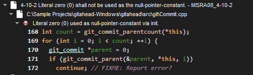 MISRA C++ violations in Understand, filtered against a Git baseline.